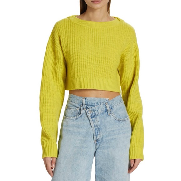 RE/DONE 100% Wool Ribbed Knit Cropped Boatneck Oversized Long-Sleeve Sweater S